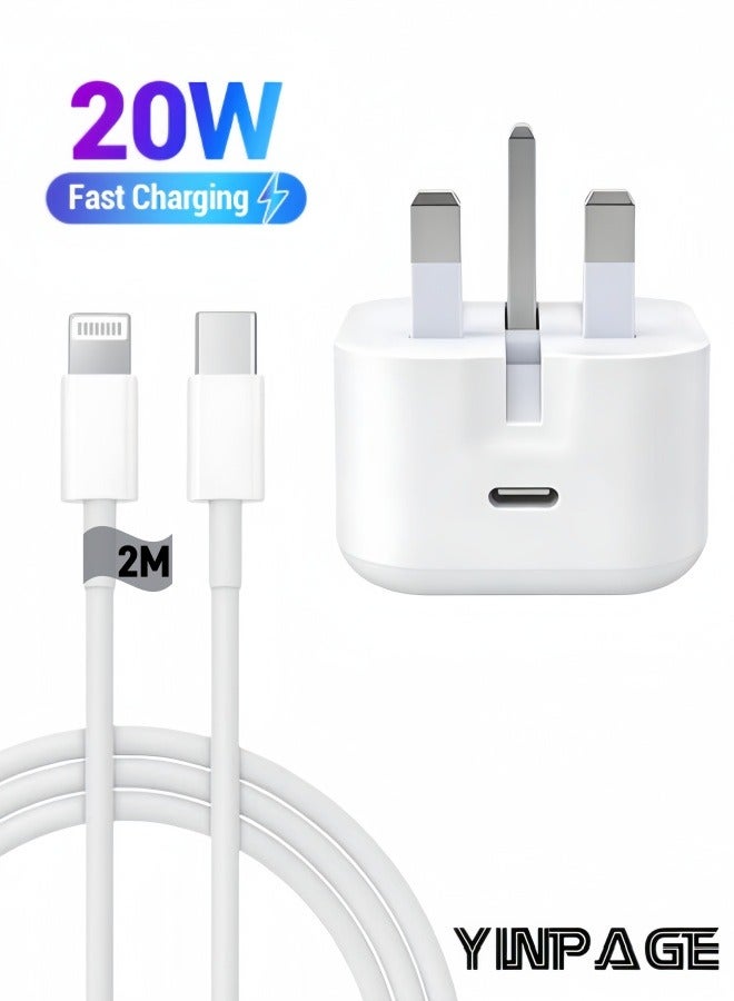 YINPAGE 20W PD Fast Charger Kit with 2M Lightning Cable, USB-C Wall Adapter Compatible with iPhone 14/13/12/11/XR/XS/SE & iPad Series – White - Image 1